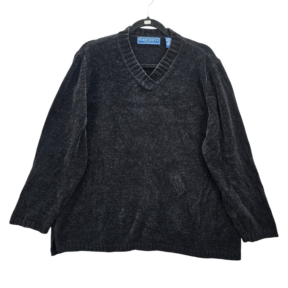 Black Chunky Oversized Ribbed Y2K Pullover Karen Scott‎ Chenille Sweater Plus 2X
